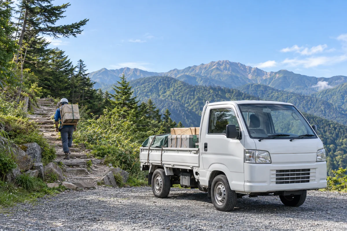 山の登り口で車両輸送と人力運搬を組み合わせる生成イメージ